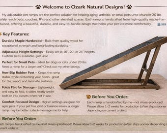 12"x48" Adjustable Pet Ramp – 16", 20", and 24" Heights, Traction Bumps, Rubber Feet – For Small Dogs <20lbs, Sturdy and Durable Wood Design