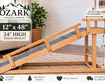 Customizable 12"x48"x24" high Pet Ramp – Side and Top Rails, Carpet, Traction Bumps, 8" platform for Small to Medium Pets Up to 20lbs,