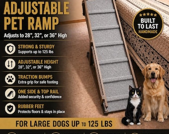 16"x66" Hardwood Pet Ramp – 28", 32", 36" Heights, One Side & Top Rail, Traction Bumps, Rubber Feet, For Dogs, Cats, and Pets