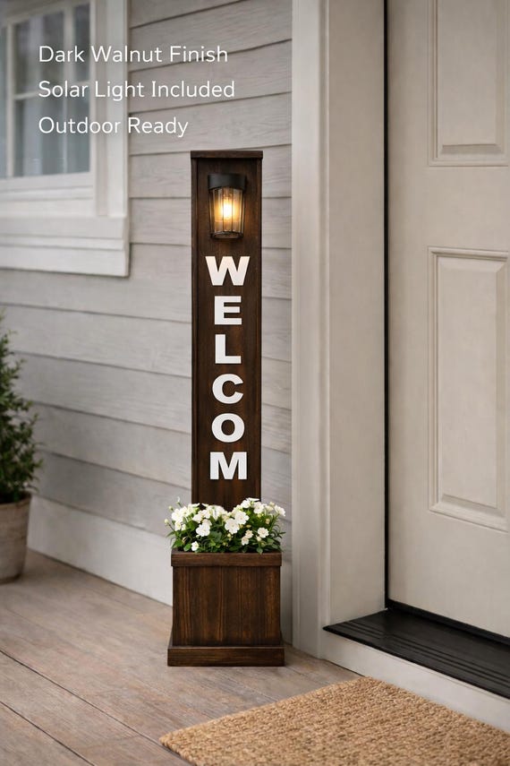 Cedar Welcome Sign With Flower Box & Solar Light - Rustic Porch