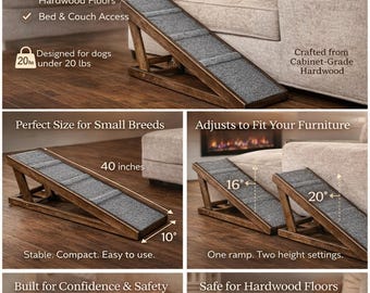 10"x40" Pet Ramp 16" and 20" adjustments for Small Dogs <20lbs – Traction Bumps, Rubber Feet for Hardwood Floors – Bed & Couch Access Ramp