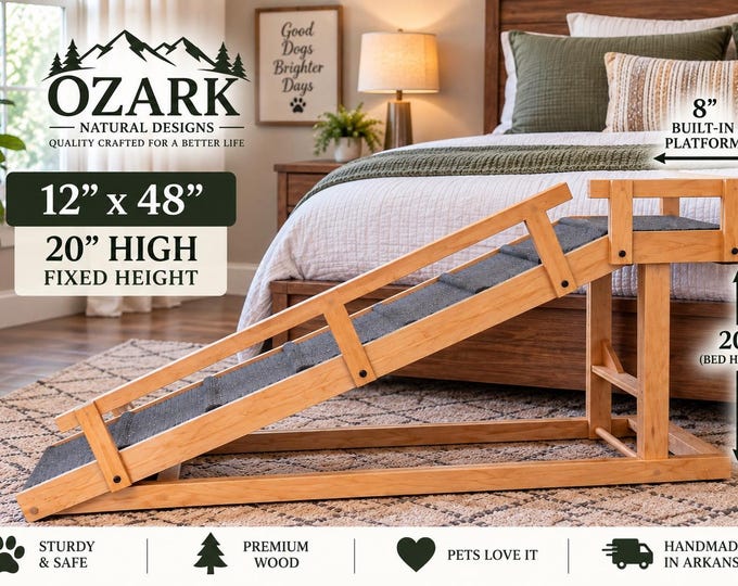 Featured listing image: 12" Wide by 48" Long 20" High Pet Ramp With 8" Platform – 1 Side & 1 Top Rail, Carpet with Traction Bumps, Small - Medium Pets Non-Slip feet