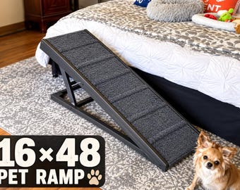 Wide Dog Ramp for Bed – 16x48 Adjustable Pet Ramp – 16–24” High – Folding Wooden Ramp