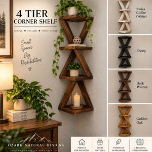 May include: A four-tier wooden corner shelf with a triangular frame design. The main image shows a dark brown finish with plants and a candle. Side panels display four color options: Swiss Coffee, Ebony, Dark Walnut, and Golden Oak.