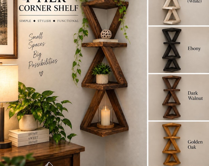 Featured listing image: Corner Shelf | 4 Tier Floating Corner Wall Shelf | Wooden Display Shelf | Rustic Home Decor | Plant Shelf | Small Space Decor