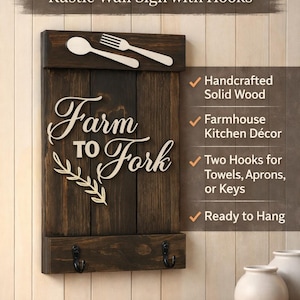 Farm to Fork Rustic Kitchen Sign: Wooden Farmhouse Decor with Hooks