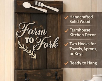 Farm to Fork Rustic Kitchen Sign: Wooden Farmhouse Decor with Hooks