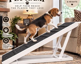 Small Dog Ramp for Bed – 12x40 Adjustable Pet Ramp – 16"–20" High – Wooden Dog Ramp for Couch or Bed – Optional Side Rails