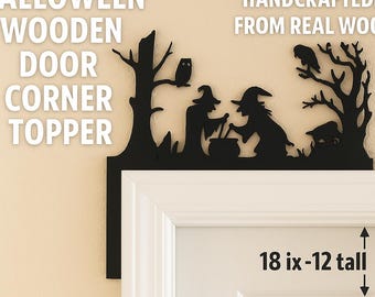 Halloween Wooden Door Corner Topper 18"X12" – Witches & Haunted Forest Scene, Spooky Rustic Fall Door Frame Décor