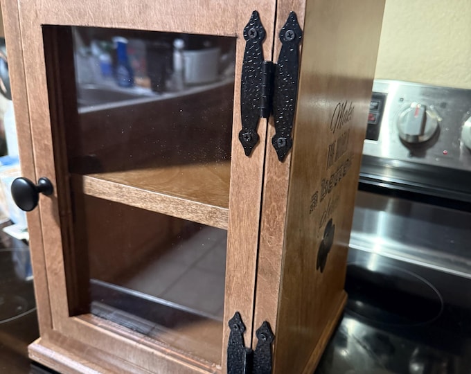 Personalized,  Wooden Spice Rack with Shelf & Etched Glass Door – Handmade Sideboard Cabinet for Kitchen, Dining Room, or Pantry Storage