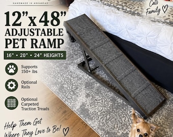 Dog Ramp for Bed – 12x48 Adjustable Pet Ramp – 16", 20" & 24" High – Optional Side Rails And Traction Treads