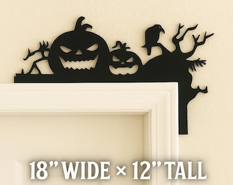 Halloween Wooden Door Corner Topper – 18x12 Inch Haunted Tree with Jack-o-Lantern Pumpkins, Spooky Rustic Fall Door Frame Décor