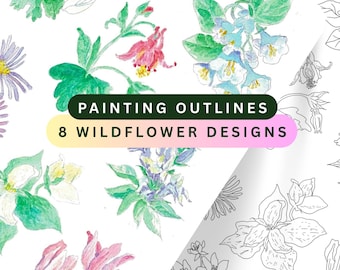Ready to Paint Wildflowers Pre-Sketched Templates | 8 Flower Line Art Designs Instant PDF Download