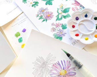 Wildflowers Watercolor Paint Kit: 8 Prelined Pages with Flowers, Brush, Paint, Palette, Color Chart, Painting Tips and Reference Image