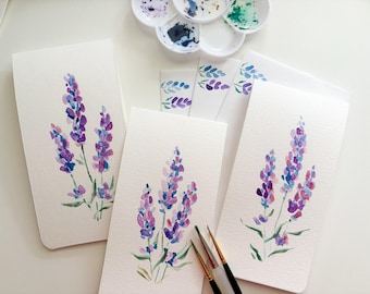 Set of 3 Original Hand-Painted Watercolor Cards | Lavender with Shimmer Paint | Blank Notecard for all Occasions