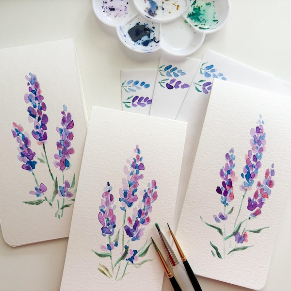 Juego de 3 tarjetas originales pintadas a mano con acuarela / Lavanda con pintura brillante / Tarjeta en blanco para todas las ocasiones