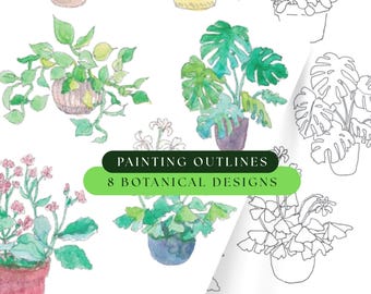 Houseplant Outline Templates, DIY Painting/Coloring Kit, 8 Botanical Designs (Digital Download)