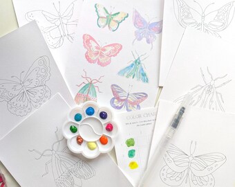 DIY Adult Watercolor Painting Kit Butterfly & Moth: 6 DIY Prelined Pages, Brush, Paint, Palette, Color Chart, Painting Tips+ Reference Image