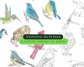 DIY Bird Watercolor Painting Outlines, 8 Hand-Drawn Wild Bird Designs (PDF Download)
