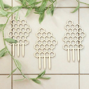 May include: Three wooden plant stakes with a honeycomb design. Each stake has a series of hexagonal shapes and three pointed prongs at the bottom for insertion into soil. Green leafy vines are in the background.