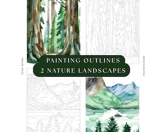 Forest & Mountain Painting Outlines, Pre-Lined Nature Landscape Printable Template