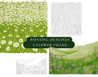 Whimsical Flower Fields Painting Outlines, Pre-Lined Landscape Printable Template for DIY Coloring