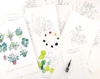 Plant Watercolor Painting Kit: Prelined Houseplant Designs for DIY Craft Activities