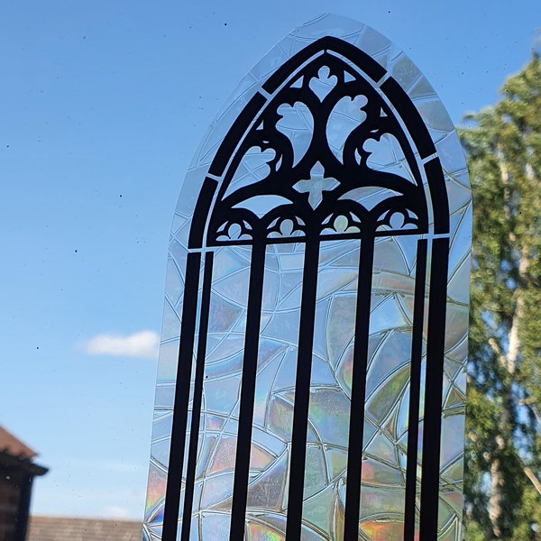 Gothic Window Suncatcher |Cathedral window cling | Medieval alternative decor | easy apply renter friendly reusable | Rainbow window sticker