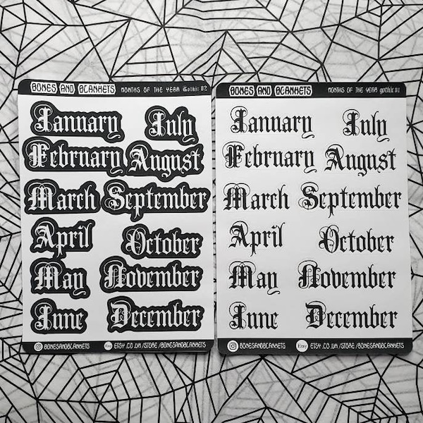 Gothic months of the year planner stickers | 12 months stickers | bullet journal daily