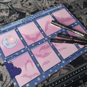 Aesthetic Bats Weekly Planner A4 Notepad | Vaporwave, retro pc planner desk pad | Pastel Goth Stationery