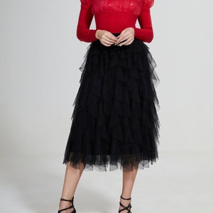 Black Layered Tulle Midi Skirt | Tiered Tulle Tea Length Skirt | Plus Size Tulle Skirt