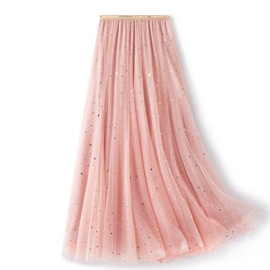 Pink Celestial Tulle Full Skirt | Star Moon Embellished Tulle Tea Length Skirt | Holiday Skirt | Party Skirt