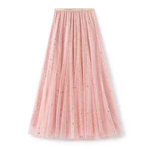 Pink Celestial Tulle Full Skirt Star Moon Embellished Tulle Tea Length Skirt Holiday Skirt Party Skirt image 2