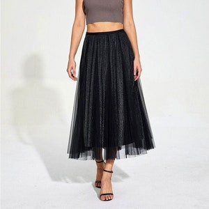 Black Glittery Midi Tulle Skirt | Soft Sparkle Tulle Skirt