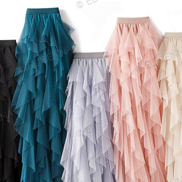 Enhanced Tiered Tulle Skirt | Ruffled Tulle Midi Skirt | Plus Size Ruffle Tulle Skirt | Tea Length Tulle Skirt