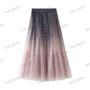 Pink Navy Gradient Sequin Star Embellished Tulle Skirt | Star Moon Tulle Skirt | Holiday Skirt
