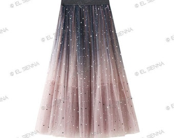 Pink Navy Gradient Sequin Star Embellished Tulle Skirt | Star Moon Tulle Skirt | Holiday Skirt