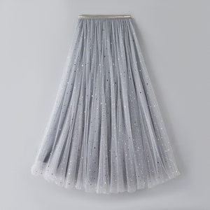 Gold Star Moon Embellished Tulle Skirt | Celestial Tulle Ballerina Length Skirt | Light Grey Blue Tulle Skirt
