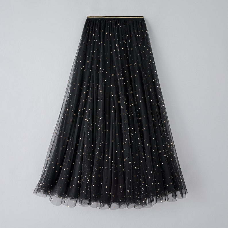 Pink Celestial Tulle Full Skirt Star Moon Embellished Tulle Tea Length Skirt Holiday Skirt Party Skirt image 9