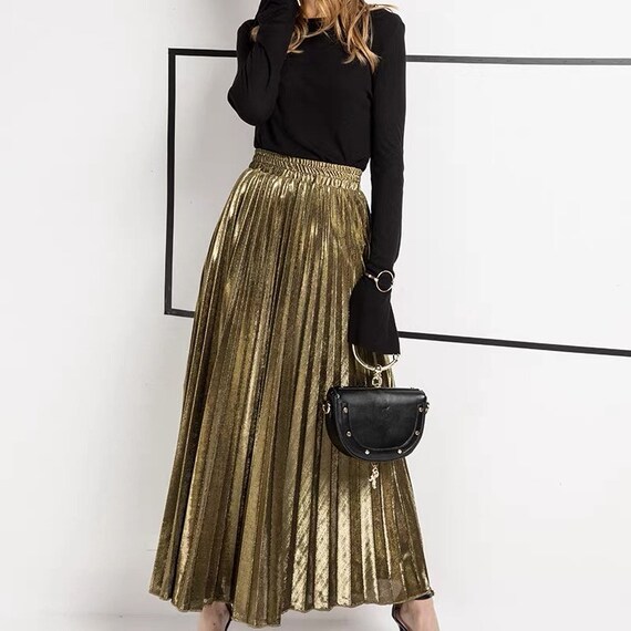 Metallic Gold Pleated Maxi Skirt 