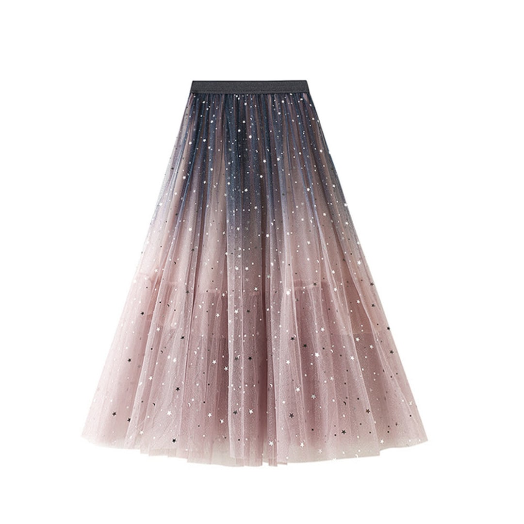 Sequin Star Embellished Tulle Midi Skirt Gradient Tulle Skirt ...