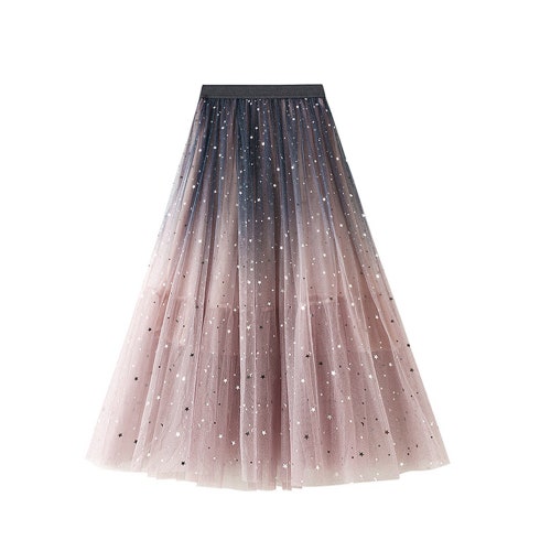 Sequin Star Embellished Tulle Midi Skirt | Gradient Tulle Skirt | Bridesmaid Skirt Party Skirt Holiday Skirt