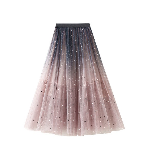 Jupe midi en tulle ornée d'étoiles sequins | Jupe en tulle dégradé | Jupe de demoiselle d'honneur Jupe de fête Jupe de vacances