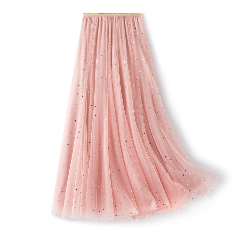 Pink Celestial Tulle Full Skirt Star Moon Embellished Tulle Tea Length Skirt Holiday Skirt Party Skirt image 1