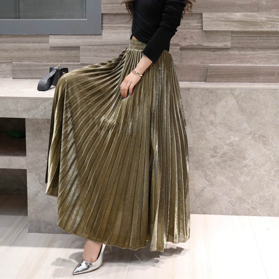Metallic Gold Pleated Maxi Skirt 