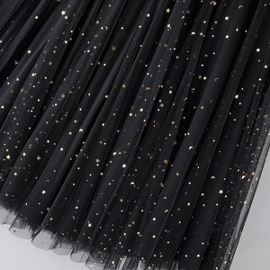 Pink Celestial Tulle Full Skirt Star Moon Embellished Tulle Tea Length Skirt Holiday Skirt Party Skirt Black