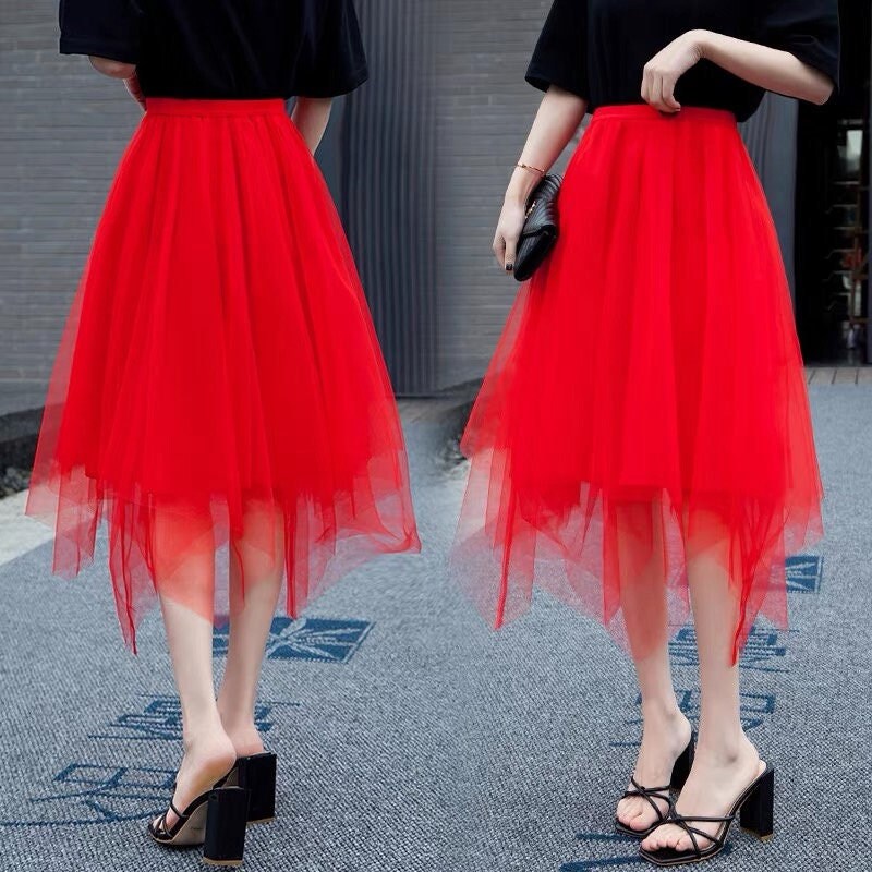 Red Handkerchief Hemline Skirt Asymmetric Tiered Tulle Skirt - Etsy