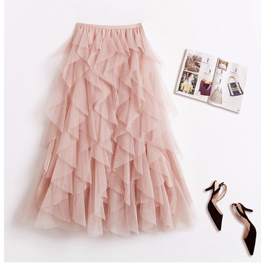 Ruffled Tulle Midi Skirt - Etsy