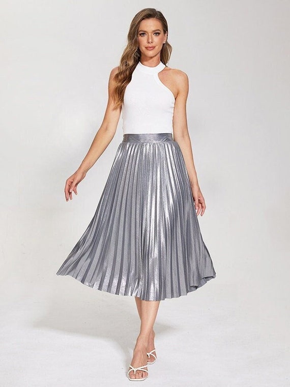 Metallic Silver Pleated Midi Skirt Classic Silver Pleated - Etsy