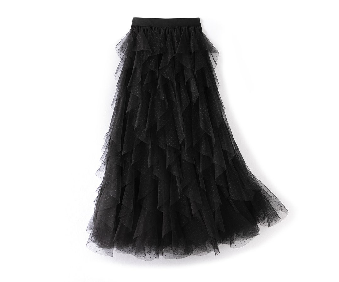 Black Ruffled Tulle Skirt Layered Black Dot Tulle Skirt Plus Size Tulle ...
